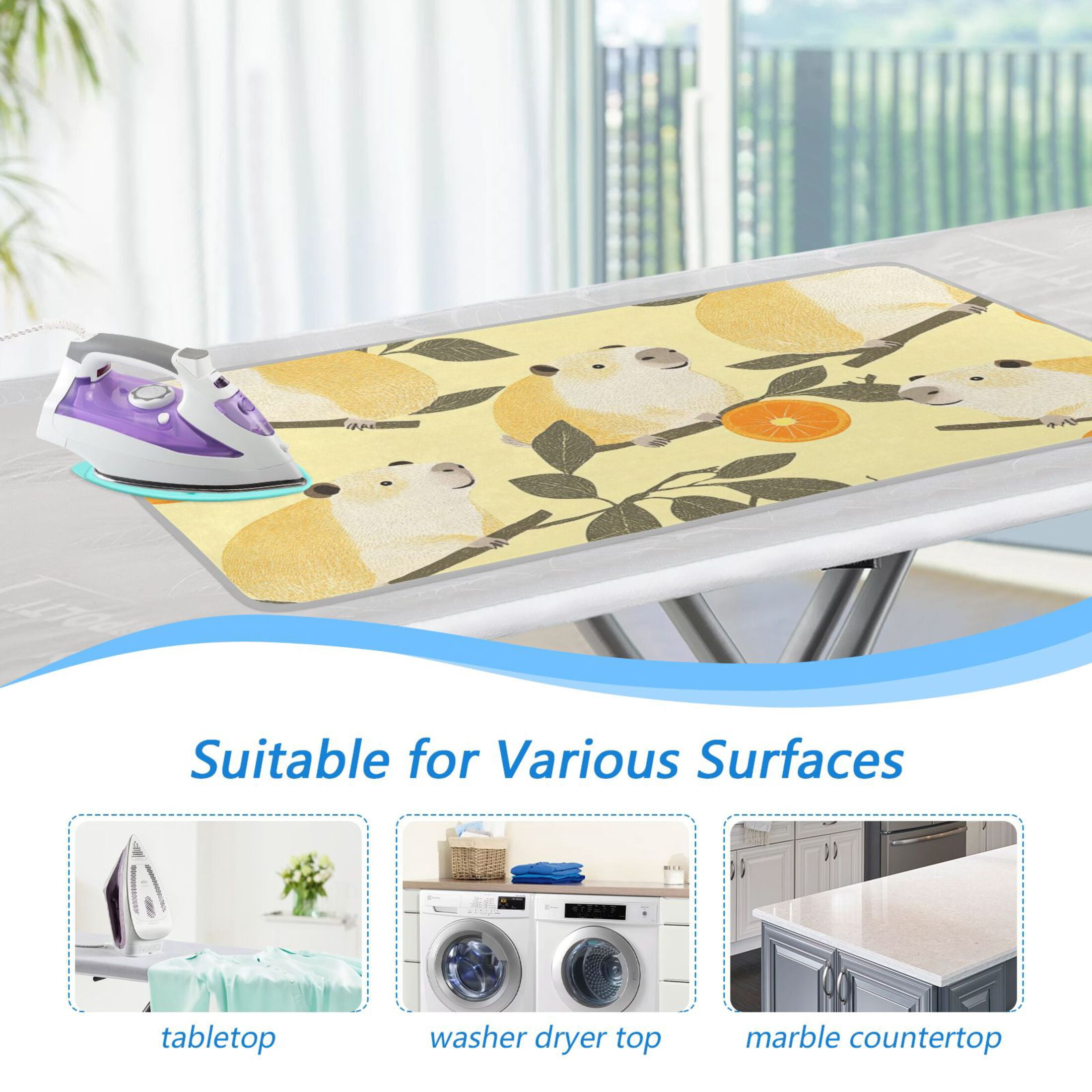 Cute Capybaras on Branches Oranges Ironing Mat Blanket Portable Travel Ironing Pad Heat Resistant Pad 47.2" x 27.6”