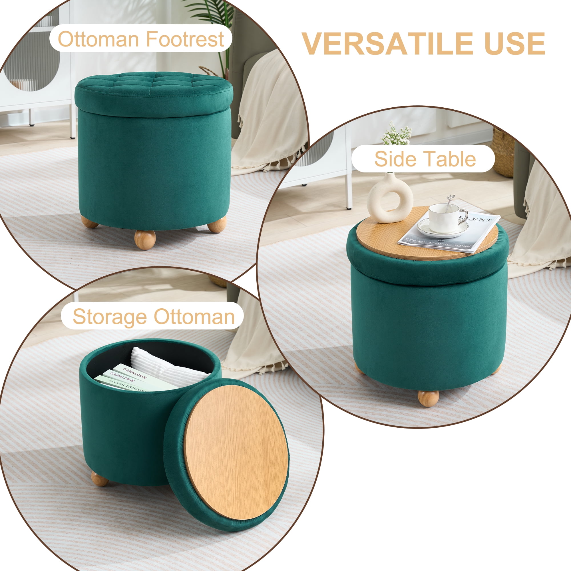 Round Velvet Storage Ottoman with Reversible Tray Lid, Tufted Upholstered Footrest Stool with Wooden Legs
