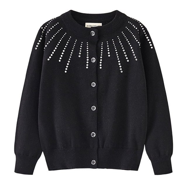 Girls' Rhinestone Knit Cardigan Round Neck Cotton Sweater Jacket