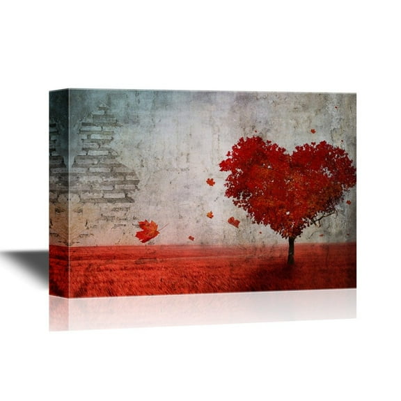 wall26 - Canvas Wall Art - A Tree in The Shape of a Red Heart Against a Vintage Wall Background - Gallery Wrap Modern Home Art | Ready to Hang - 32x48 inches