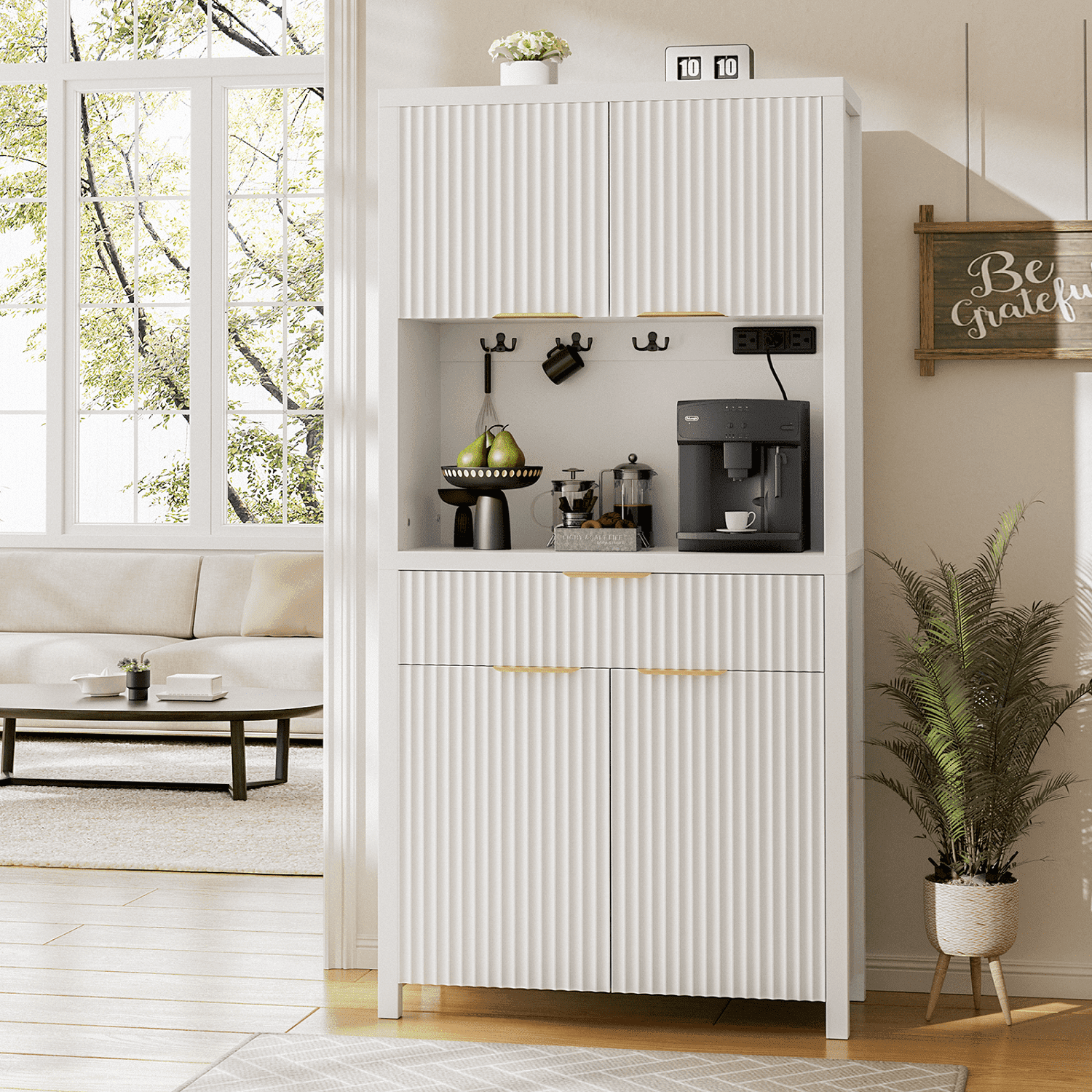 Aufeile 71" Tall Pantry Storage Cabinet with Drawer and Charging Station, Fluted Pantry Cabinet with Adjustable Shelves for Kitchen Dining Room Living Room, White