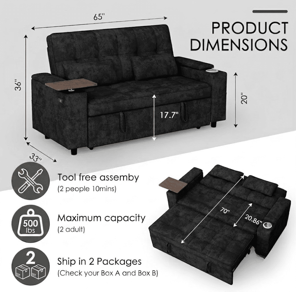 Howcool 65" Sleeper Sofa Bed, 3-in-1 Convertible Pull Out Couch Bed with Tray Table & Cup Holders, Chenille Loveseat Sofa with Adjustable Backrest for Living Room, Apartment(Black)