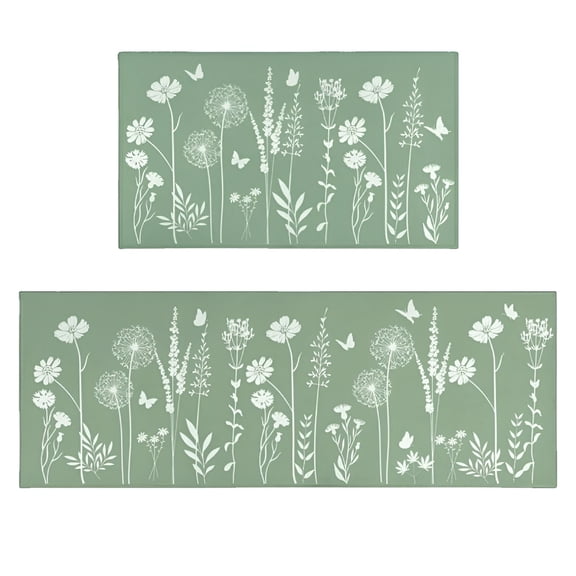LAMIRO Sage Green Kitchen Mat Rug Set of 2 - Plant Floral Butterfly Kitchen Rugs with Runner Kitchen Decor Accessories - Leaves Rugs for Home Kitchen Large - 17x24 and 17x48"