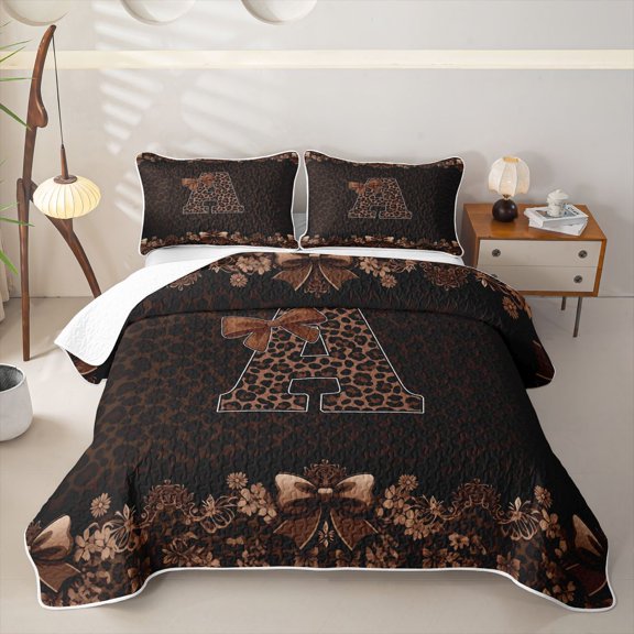 Homewish Brown Leopard Print Twin Quilt Set for Girls Women, Monogrammed A Twin Coverlet Set
