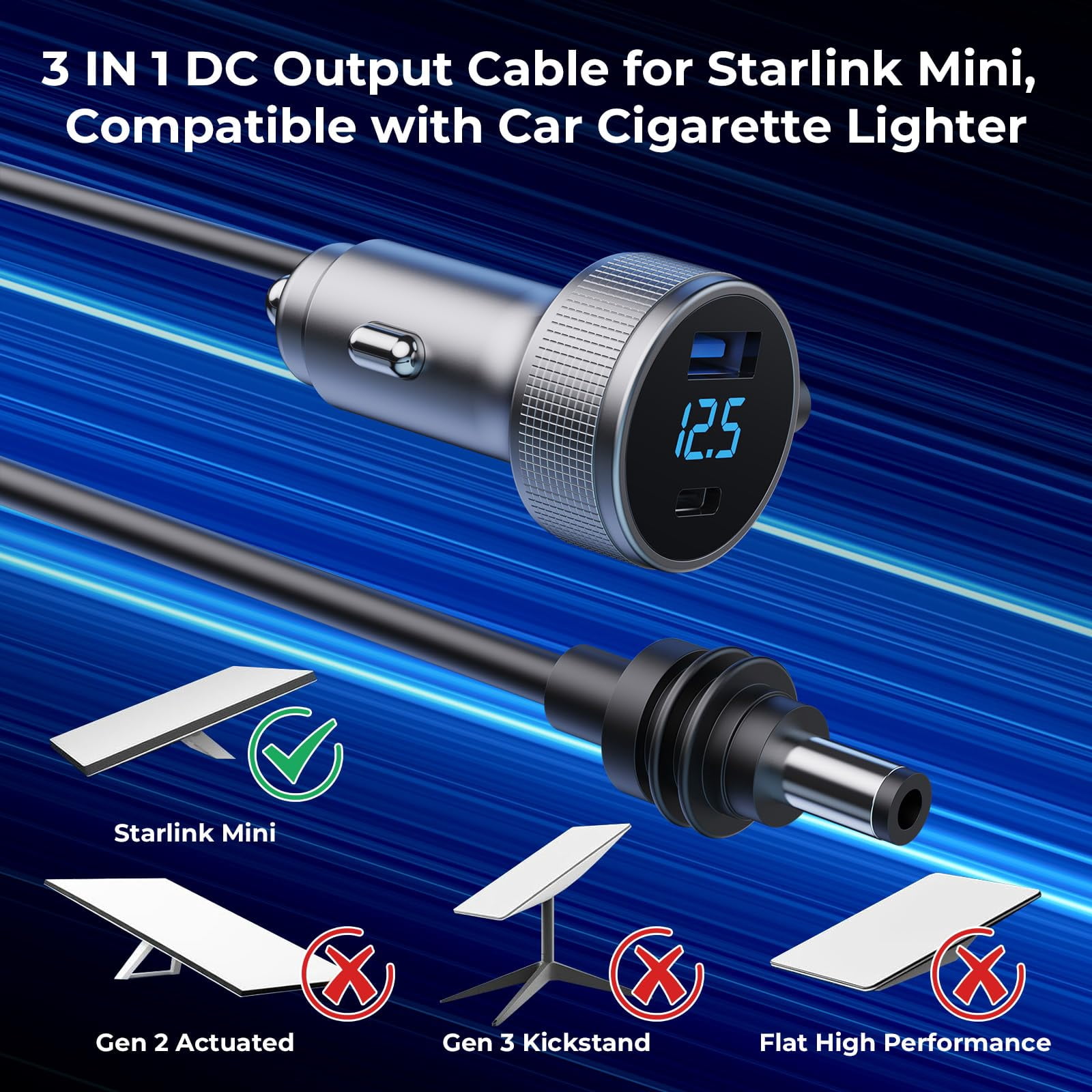 Starlink Mini Cable, 3 in 1 Starlink Mini DC Power Cable Car Charger  and Cigarette Lighter Adapter 12V-48V with Digital Display,  USB-C and USB-A Ports for Trucks and Cars, 10FT Cable