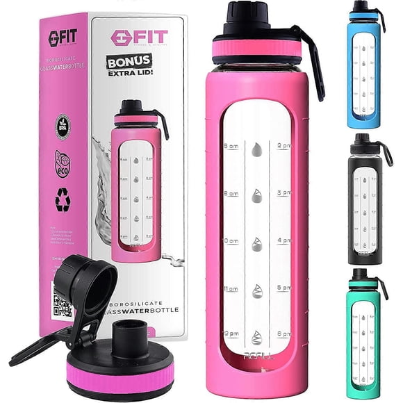 32 oz Glass Water Bottle with Time Marker Reminder1 Liter Glass Drinking Bottle, BPA Free, (Pink Sleeve)