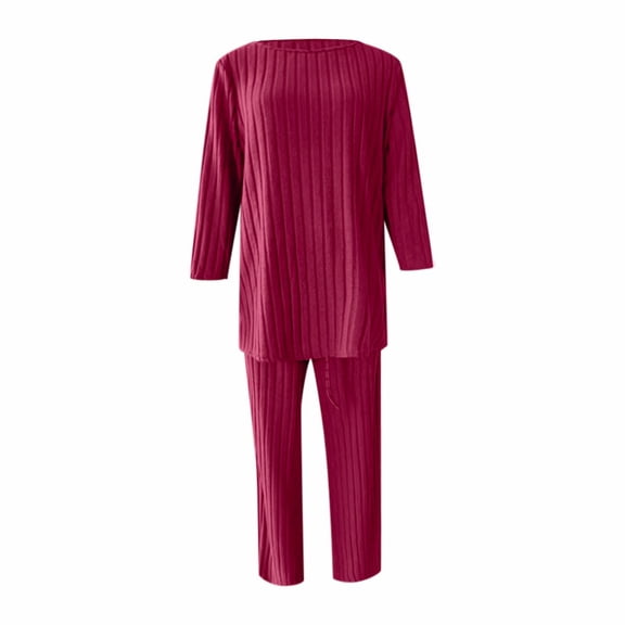 FINALGANG Women's 2 Piece Loungewear Outfit Solid Color Knit Homewear Set Long Sleeve Crewneck Tunic Wide Leg Pants For Daily Home Relaxation Versatile Set