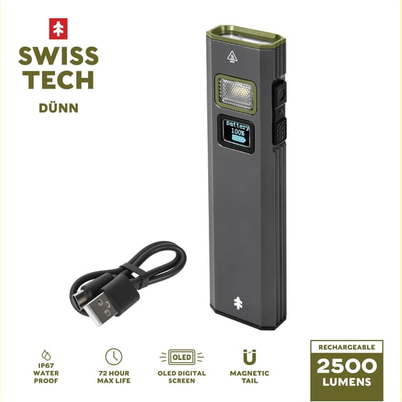 Swiss Tech Dunn 2500 Lumen Flat EDC Rechargeable LED Flashlight with Laser, OLED, IP67