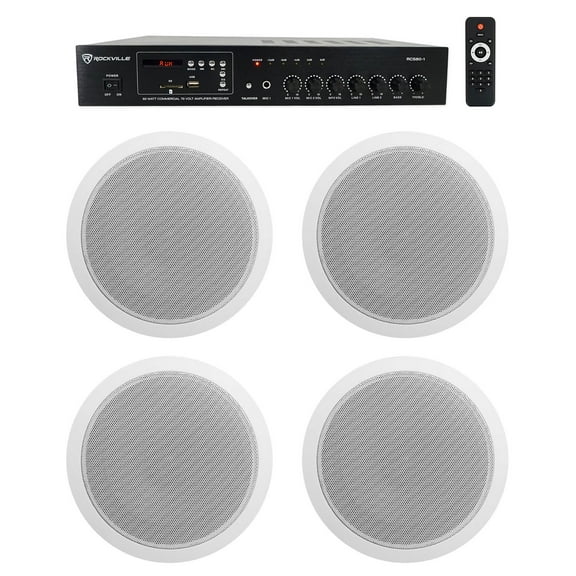 Rockville Commercial 70v Amp (4) White 6" Ceiling Speakers 4 Restaurant/Bar/Cafe