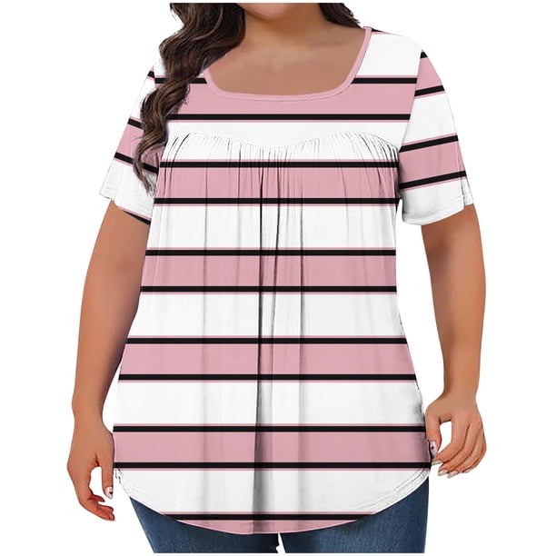 Tops Cortos para las Mujeres Impreso Cuello de Gran Tamaño Plisado Manga Corta Suelta Superior en Tamaños Más L-5xl