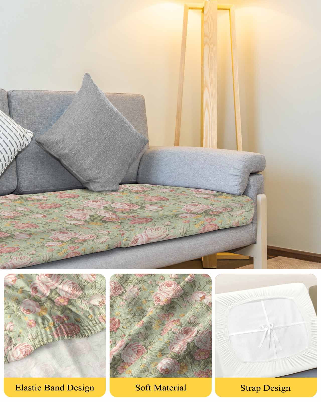 Pink Flowers Couch Cushion Covers,Stretch Seat Cushion Covers for Sectional Sofa,Green Country Botanical Floral Leaves Loveseat Sofa&nbsp;Slipcovers Furniture Protector with Elastic Straps 1Pcs, M