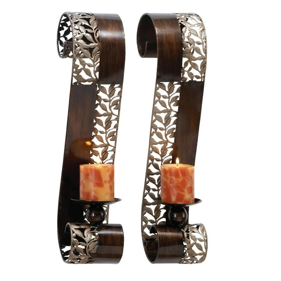 DecMode 2 Holder Brown Metal Leaf Cutout Wall Sconce with Scrolled Edges, Set of 2