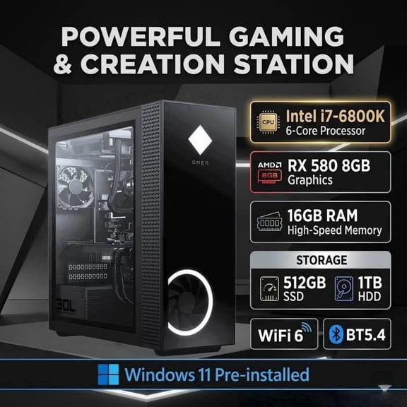 RGB Gaming PC Desktop,Intel i7-6800K,RX 580 8GB Graphics, 16GB DDR4 RAM,512GB SSD,1TB HDD,Windows 11, WiFi 6 ,BT5.4 Prebuilt Tower PC