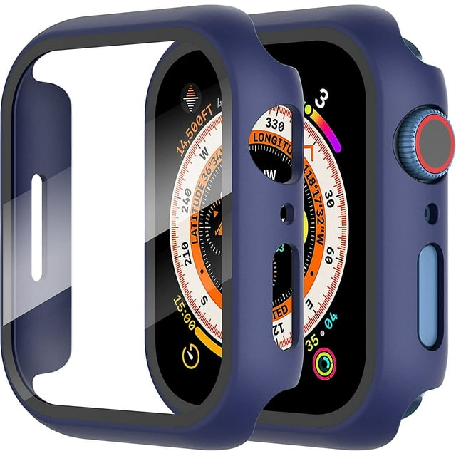 KOMI 2-Pack for Apple Watch 44mm Screen Protector Case,for iWatch Series 8/7/6/5/4/Series SE/SE 2 44mm Protection Cover All-Around Tempered Glass Screen Protector Case Ultra-Thin - Blue