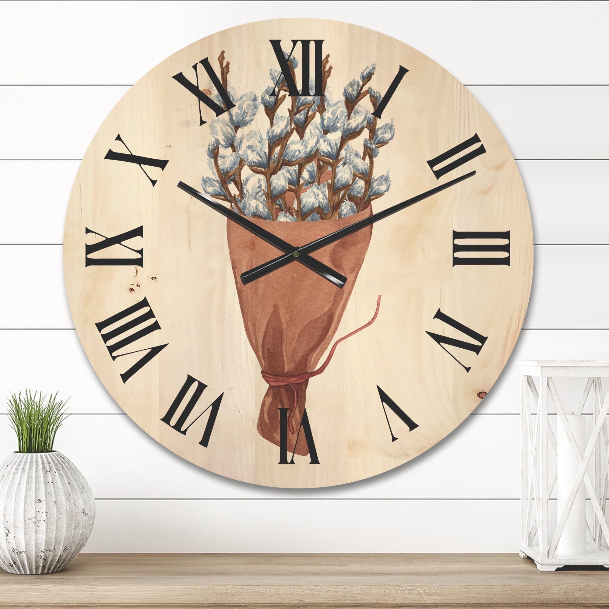 Designart 'Bunch of White Pussy Willow Twigs I' Farmhouse Wood Wall Clock