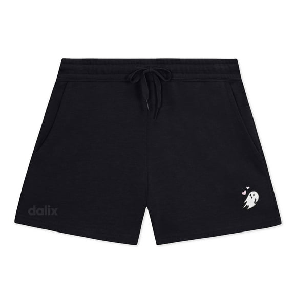 Dalix Heartly Ghost Embroidered Shorts Washed Soft Fleece Relaxed Drawstring Pocket Fit Lounge Womens in Black XS X-Small