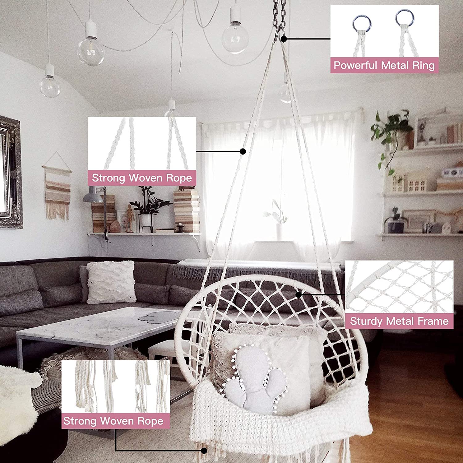 Iguohao Macrame Swing Chair Hanging Swing Chair For Bedroom With Sturdy Hardware Kits Exquisite Dreamy Round Cotton Rope Hammock Chair For Indoor O