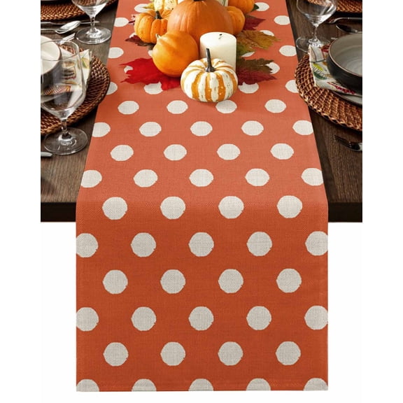 Fall Table Runner Thanksgiving Orange Polka Dots Table Runners Cute Solid Color Cotton Linen Dresser Scarf Kitchen Dining Table Decor for Fall Holiday Party Decor 13x36 Inch