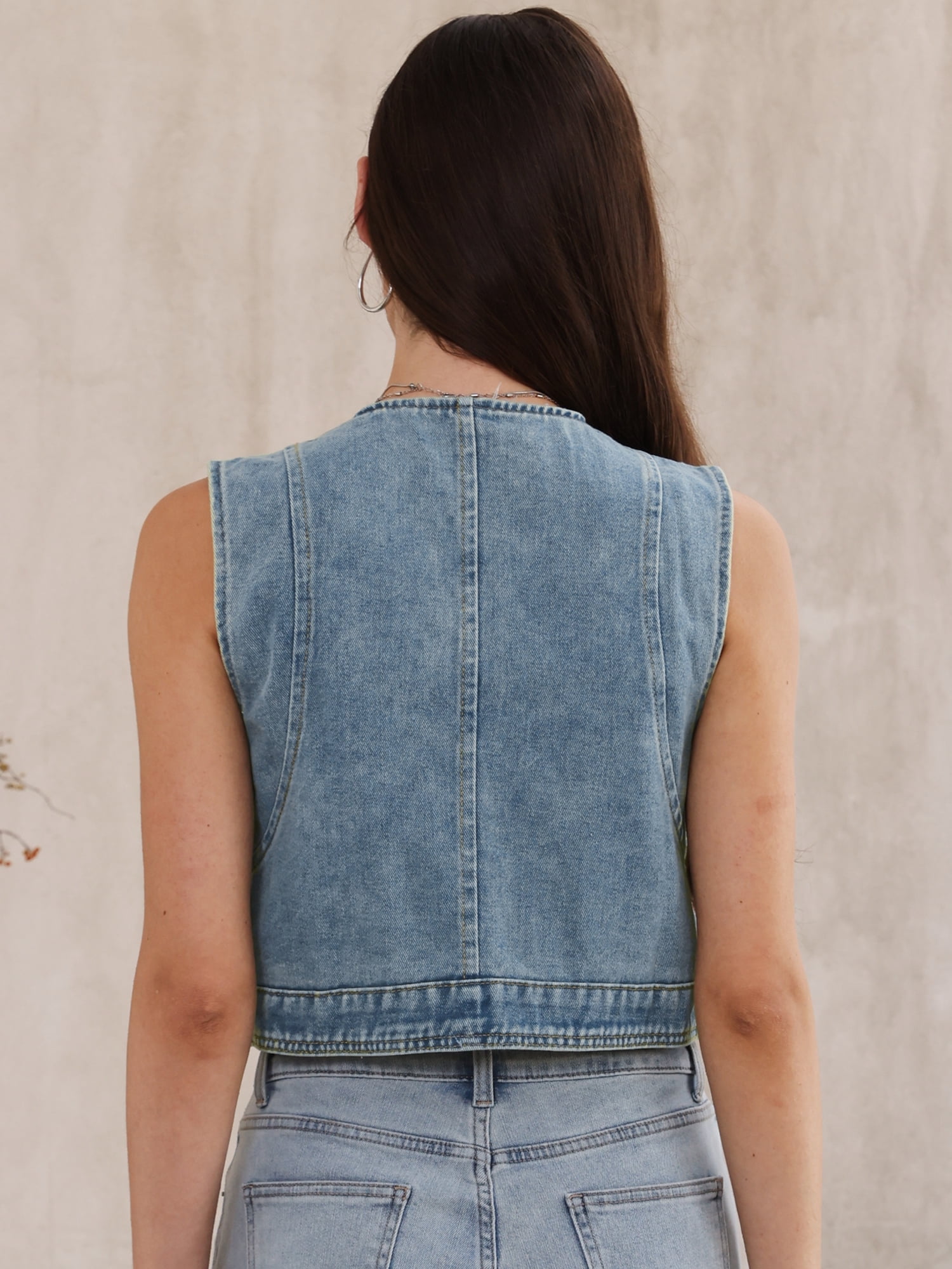 DARING DIVA Women's Crew Neck Button Down Sleeveless Jean Jacket Vest L Retro Blue