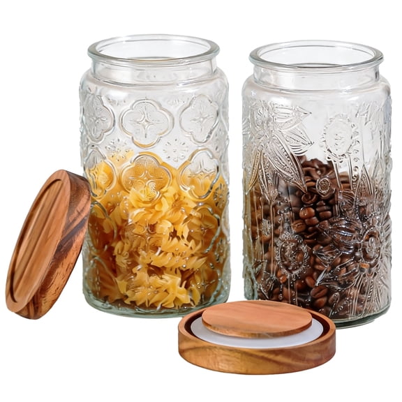 2 Pcs Vintage Kitchen Canisters, 34 oz / 1000 ml Embossed Flower Pattern Glass Food Storage Containers with Airtight Wood Lids for Candy, Cookie, Spice