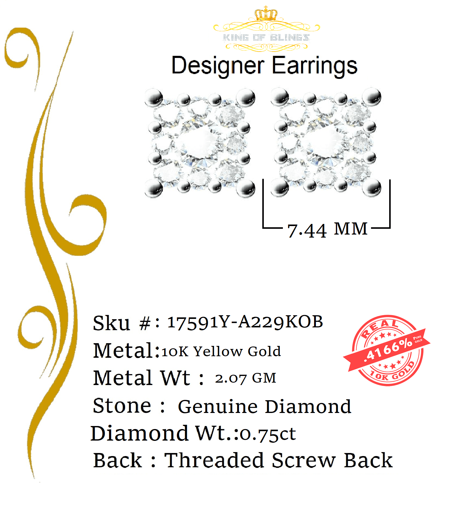 King of Bling's 10K Real Yellow Gold Real Diamond 0.75CT Men's/Women's Stud Square Earring