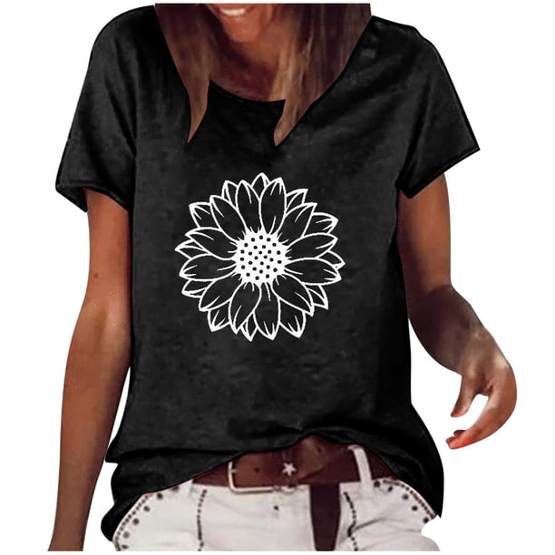 Moda Mujer Causal Daisy Cuello redondo Blusa estampada Camiseta de manga corta Tops de verano Pompotops hkajfhjk461242