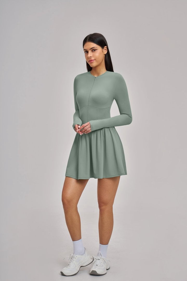 PISONIC Women Tennis Dress Long Sleeve Athletic Outfit with Built in Shorts Mini Golf Workout Dress with Pockets