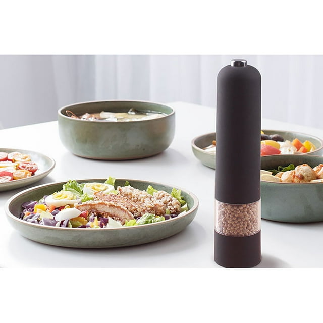 Dvkptbk Electric Pepper and Salt Grinder Set, Adjustable Coarseness, Battery Powered withsLED Light, One Hand Automatic Operation, Stainless Steel Black, 1 Pack