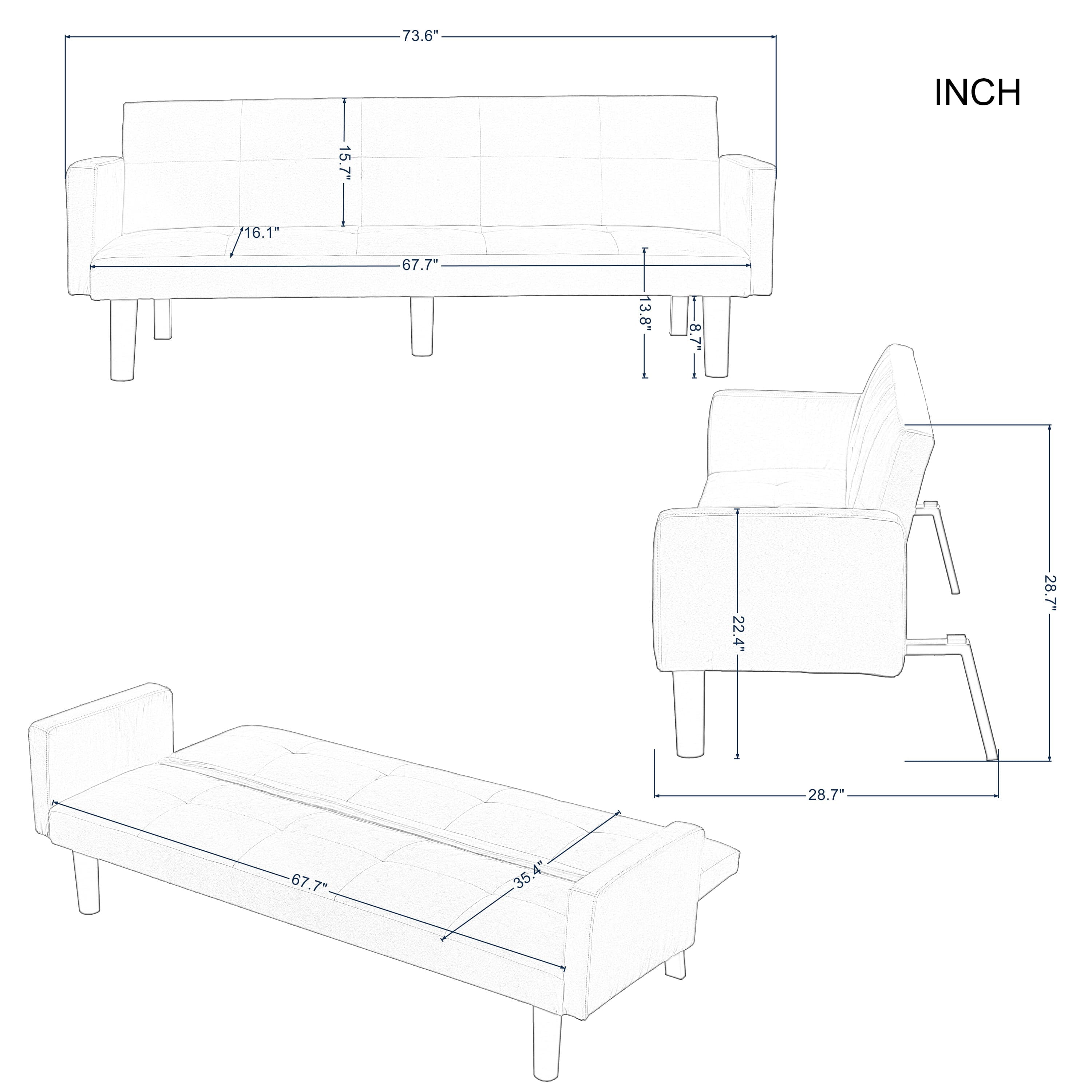 Gewnee 73.6" Futon Convertible Sofa Bed,with 3-Position Adjustable Backrest,Faux Suede Upholstery,Quick & Easy Assembly,Twin-Size Sleeper Sofa(Blue)