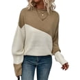 thumbnail image 3 of Suéter Casual de Color Block para Mujer, Cuello Redondo, Larga, Punto Acanalado Caqui S, 3 of 8