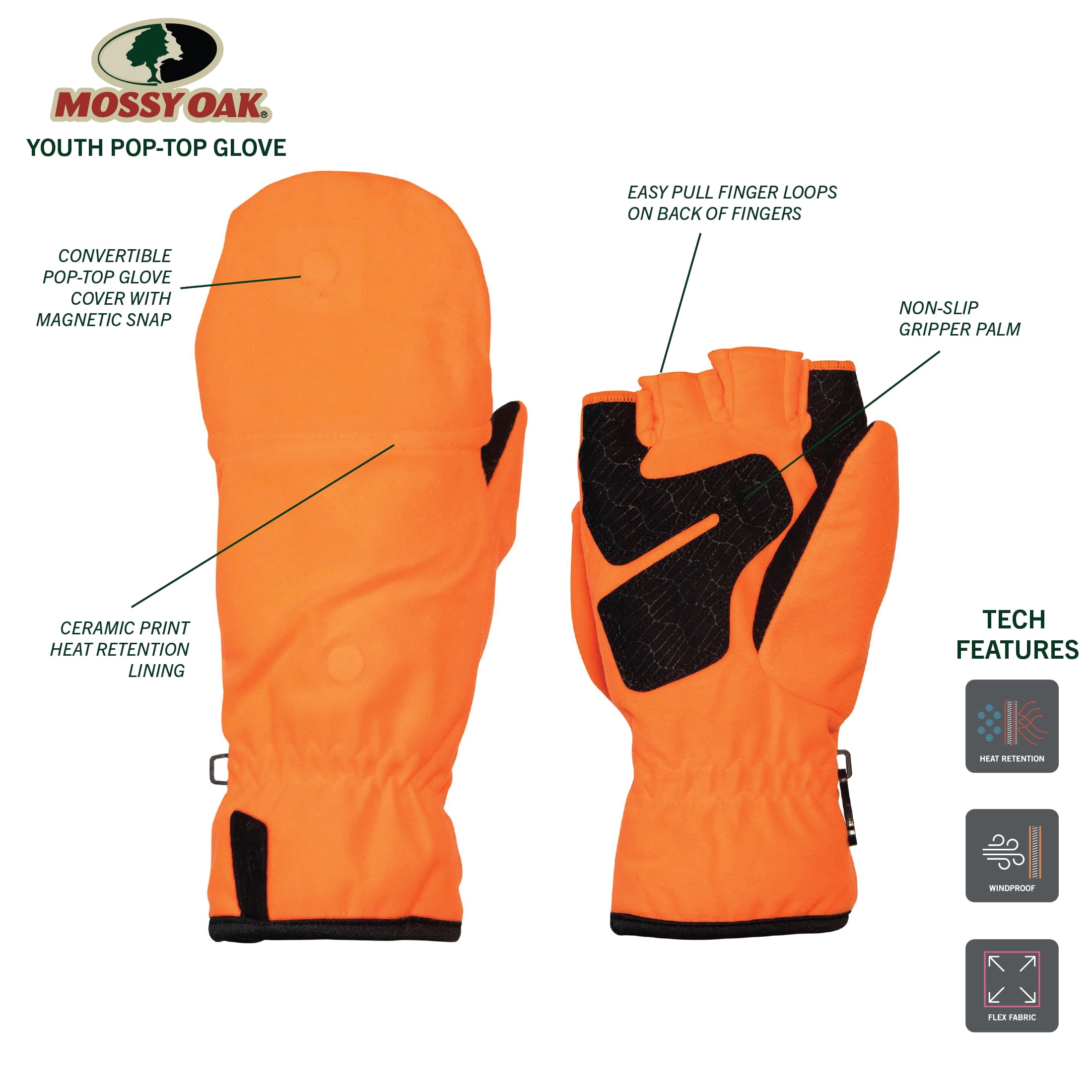 Mossy Oak Blaze Orange Youth Pop-Top Gloves, Unisex, Size L/XL