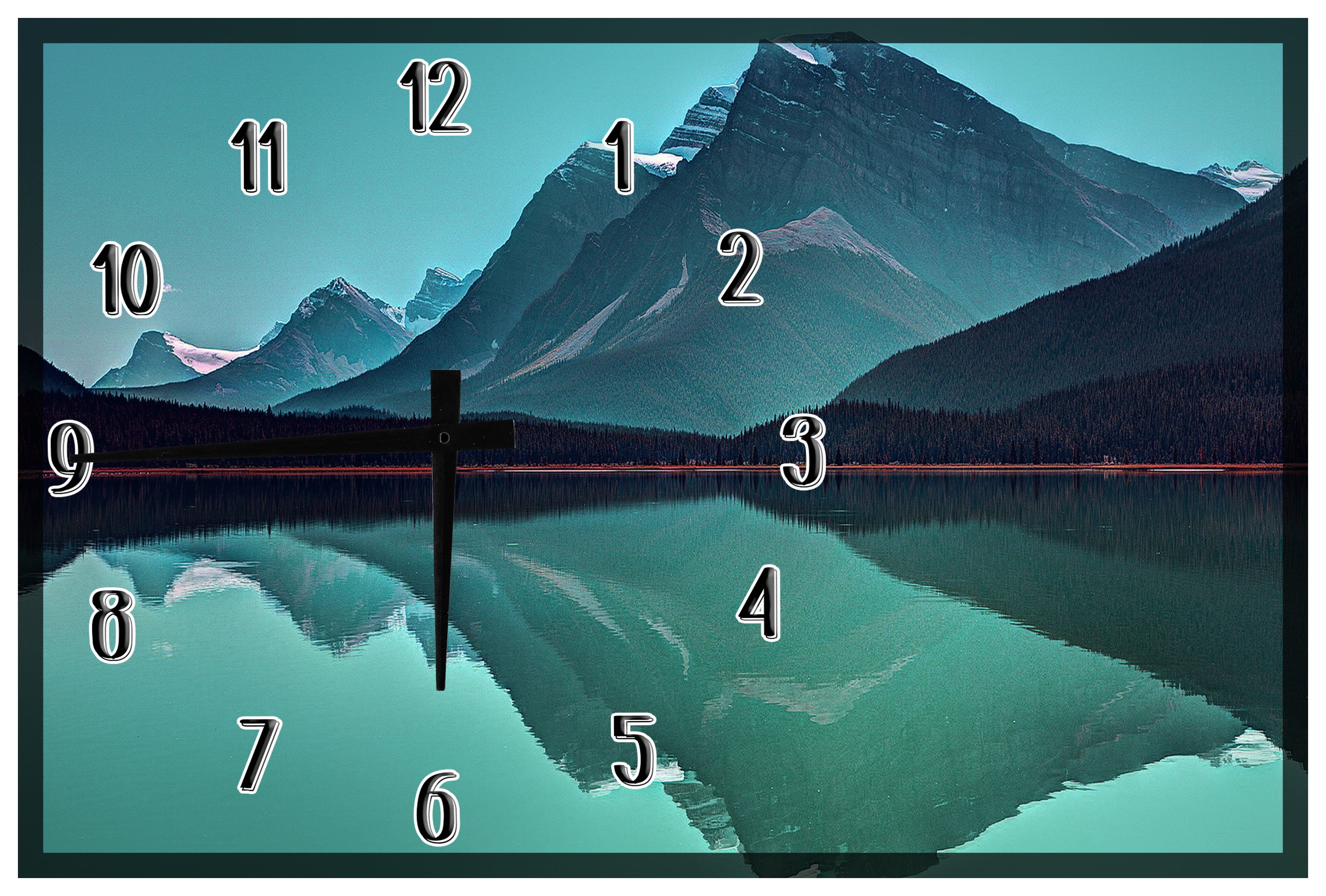 Wood Wall Art Clock Turquoise Grey Mountains Lake Reflection Large