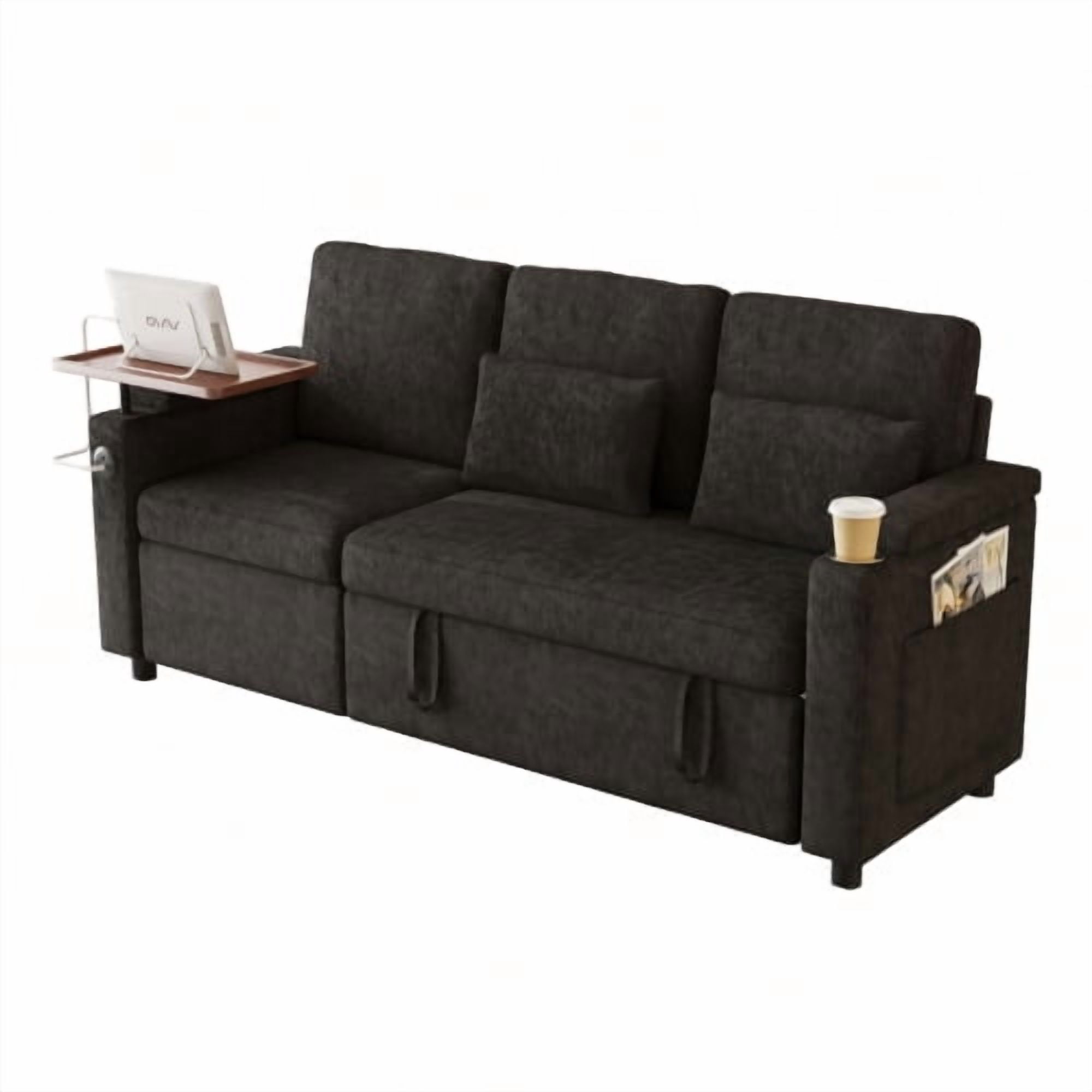 81" 3-in-1 Convertible Sofa Bed, Electric Recliner & Sleeper with Table, USB Ports, Storage Armrests, Chenille, 6 Adjustable Positions, Black