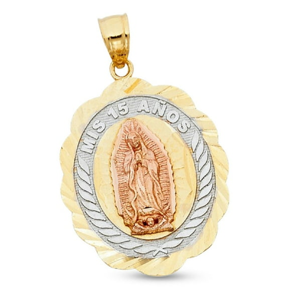 Solid 14k Yellow White Rose Gold Mis 15 Anos Guadalupe Pendant Oval Quinceanera Charm 26 x 22 mm