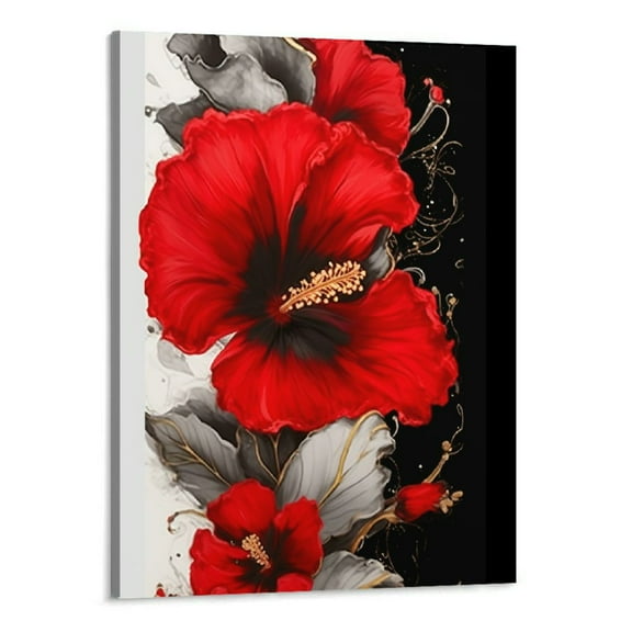 Creowell  Hibiscus Flower Paintings Black and Red Tropical Floral Canvas Wall Art Set Hawaii Floral Picture Artwork for Living Room Bathroom Kitchen Wall Decor Framed Ready to Hang 16x20 Inch