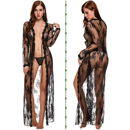 Women s Lace Kimono Robe Babydoll Lingerie Mesh Nightgown