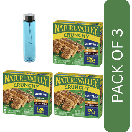 3 Pack Of Nature Valley Crunchy, Variety Pack, 12 Granola Bars, 8.94 oz (6CT), With Blue Water Bottle By Value Nest
