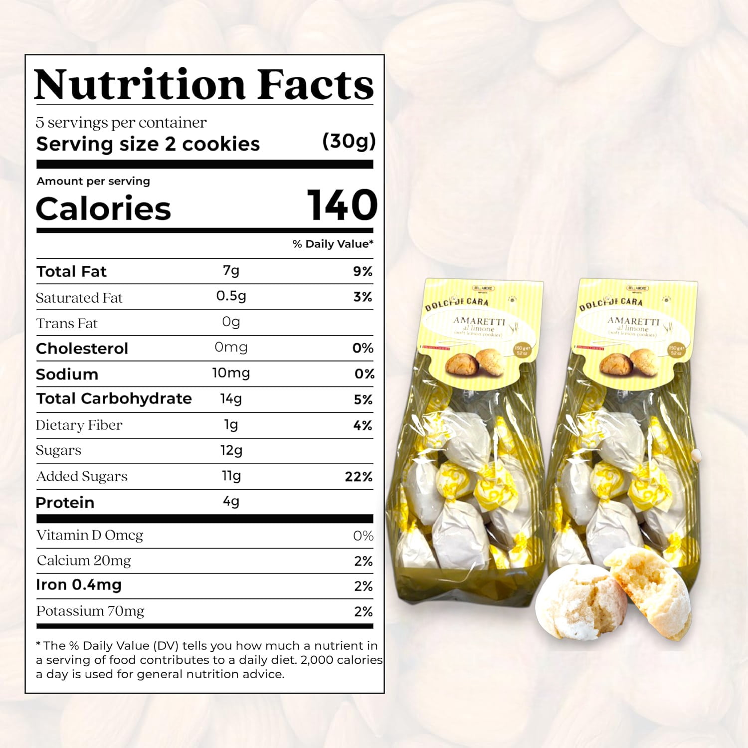 Italian Amaretti Cookies, Soft Lemon Cookies, 300g (2 x 150g bags), Made in Italy - Dolci Di Cara