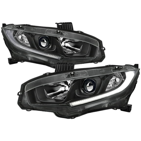LED Strip Factory Style Projector Headlights (Black Housing/Clear Lens) Made for and Compatible with 2016-2021 Honda Civic