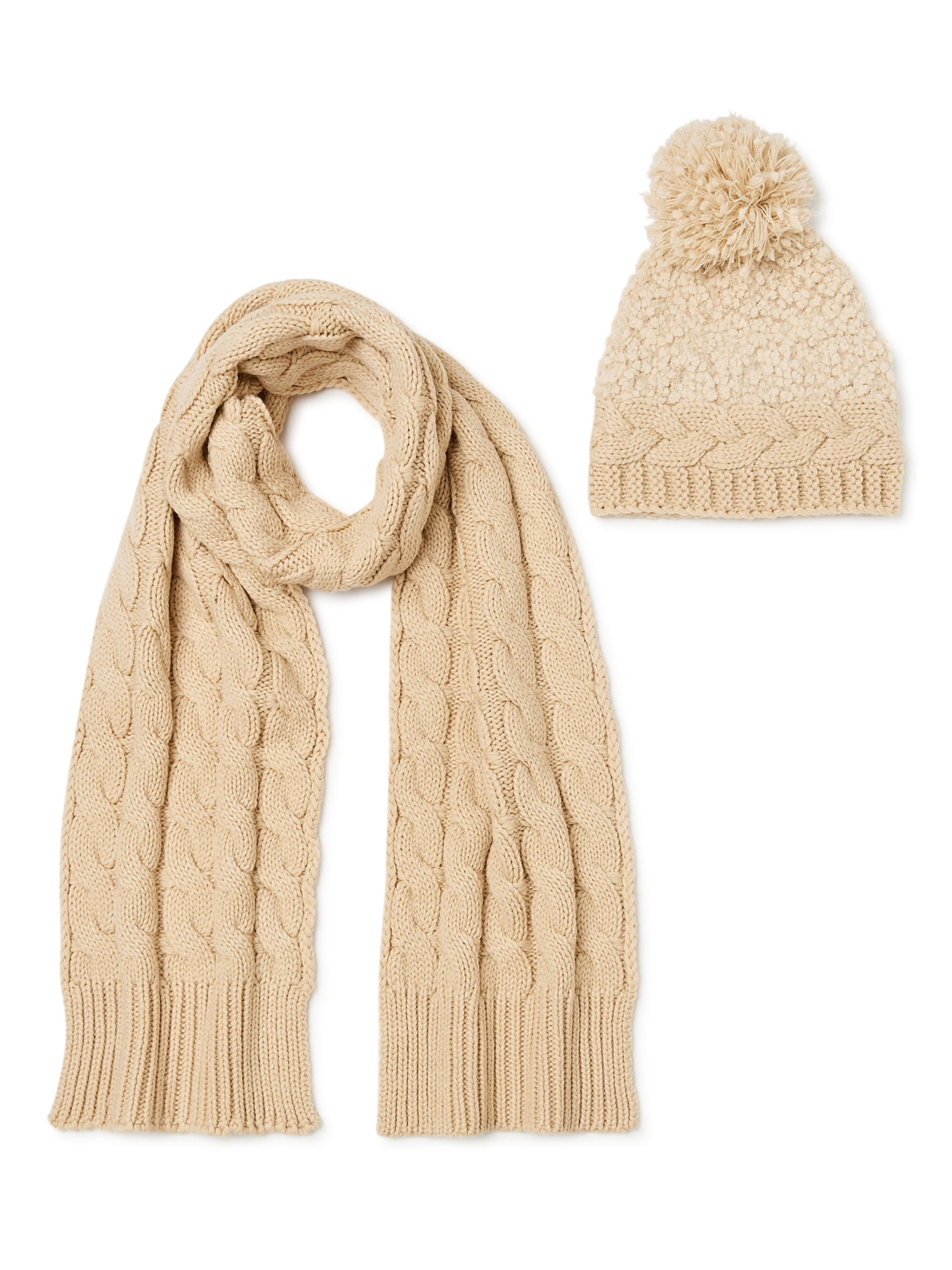 Time and Tru Women's Popcorn Knit and Braided Beanie Hat and Scarf Set ...