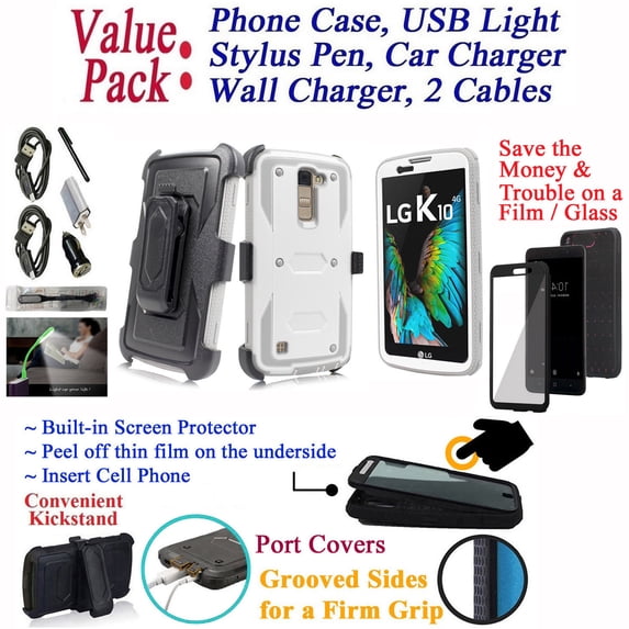 Value Pack + for 5.3" LG K10 2016 Premier LTE Case Phone Case 360° Cover Screen Protector Clip Holster Kick stand Grip Sides Shock Armor Bumper White Silver