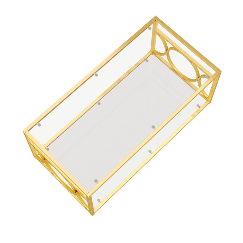 Glass Top Coffee End Table with Gold Metal Frame, Rectangular 2-Tier Storage Center Cocktail Table with Open Storage Shelf