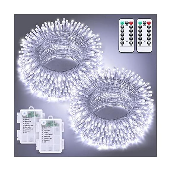 CJB 2 Pack White Battery Operated Christmas String Lights, Each 33ft 100 LED Wedding Lights Outdoor Indoor, with 8 Modes Remote Waterproof