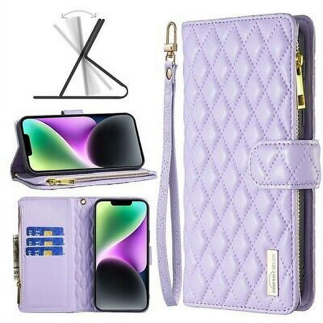 iPhone 14 Wallet Case Premium Handmade PU Leather Phone Case Card Slots Magnetic Closure Zipper Pocket Kickstand Flip Case with Hand Strap for iPhone 14 - Purple