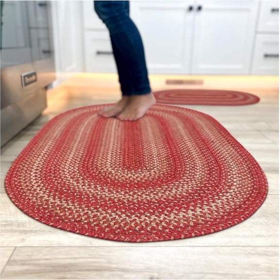 Homespice 20x30 Red Oval Braided Rug. Apple Pie Red Jute Oval Rug. Uses- Entryway Rugs, Kitchen Rugs, Bathroom Rugs. Reversible, Rustic, Country, Primitive, Farmhouse Decor Rug