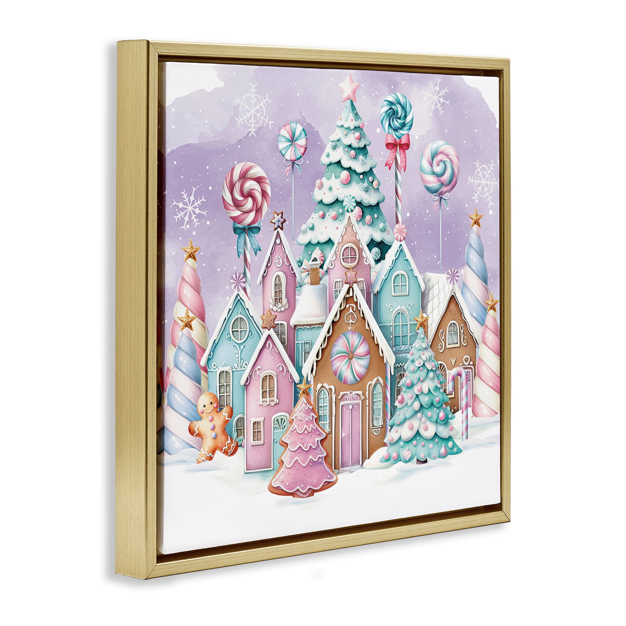 Stupell Industries Gingerbread Candy Town Holiday Painting Gold Floater Framed Canvas Art Prints Wall Art, 18 x 18