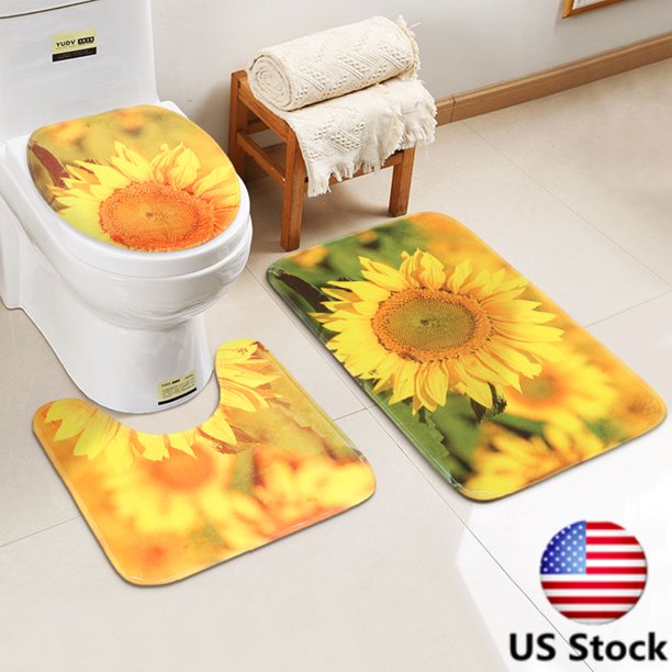 3Pcs Yellow Sunflower Washable Soft Bathroom Pedestal Rug + Lid Toilet