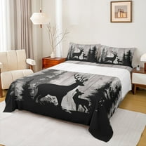 Manfei Rustic Farmhouse Cabin Full Size Sheets, Jungle Deer Animal Bed Sheets, Grey Wooden Plank Sheet Sets, Ultra Soft Home Decor, 4 Pieces