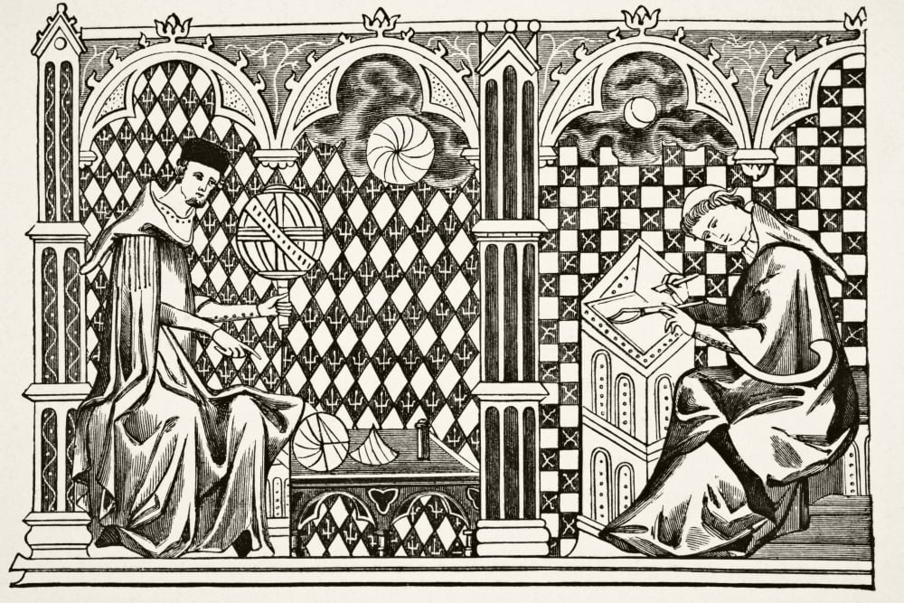 Mathematician Monks One Teaching The Globe The Other Copying A Manuscript After A Miniature In The 13Th Century Manuscript Image Of The World From Science And Literature In The Middle Ages By Paul Lac