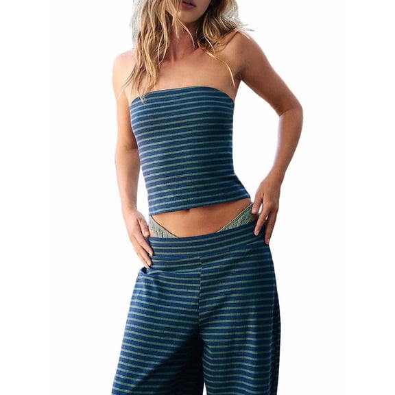 Women Summer Outfits Lounge 2 Piece Sets Striped Tube Top and Pants Matching Sets Beach Vacation Blue S